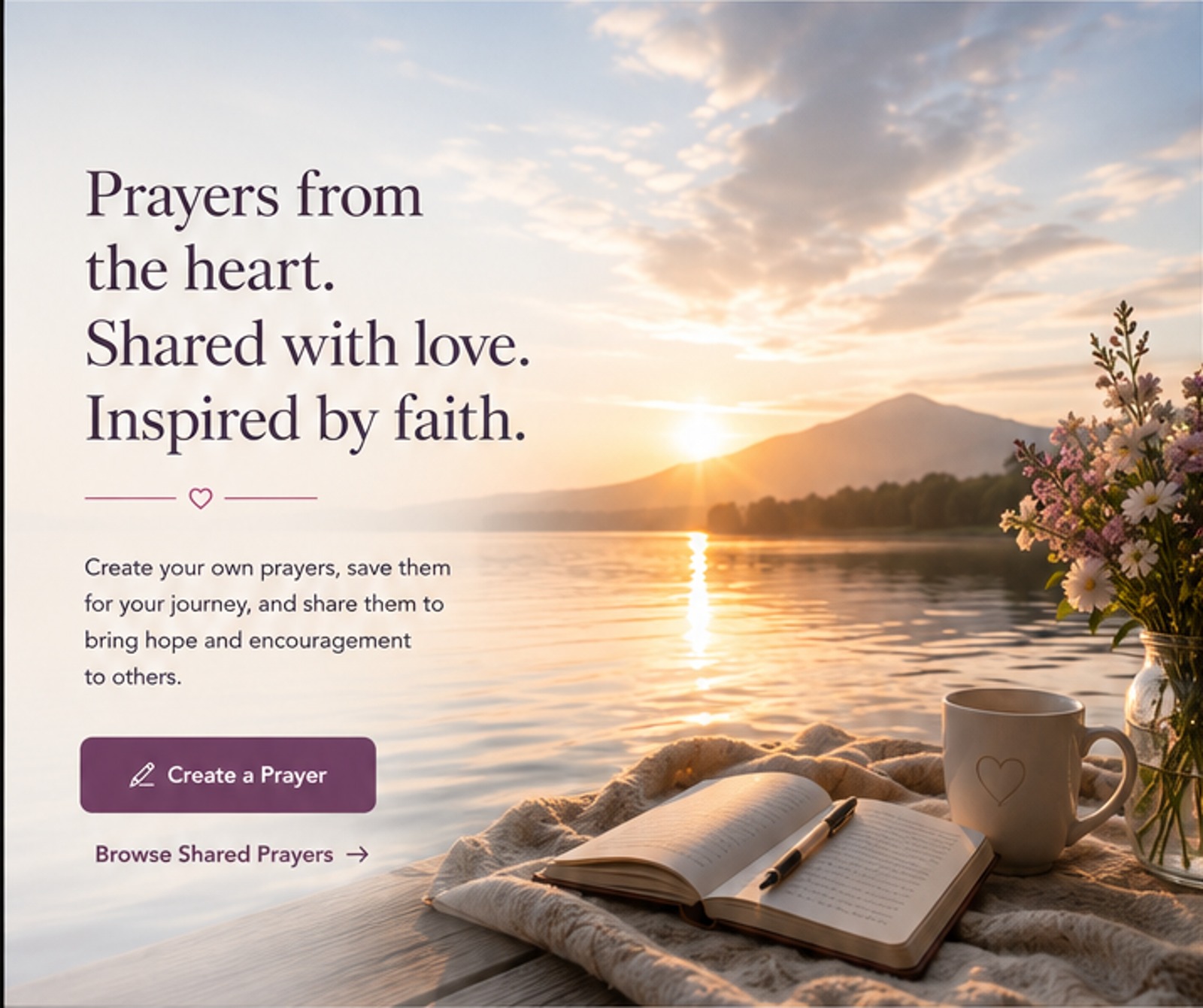 Peaceful sunrise over a lake with an open prayer journal, flowers, and a cup of tea